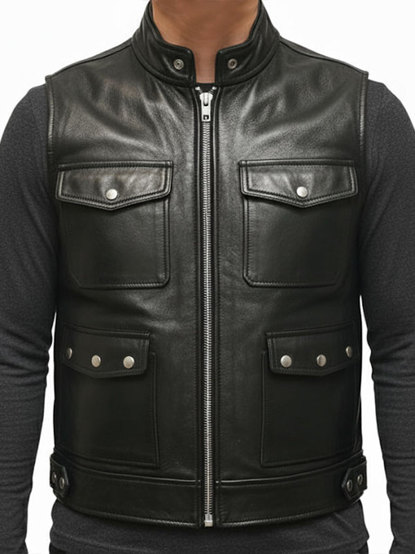 Men Storm Black Leather Vest