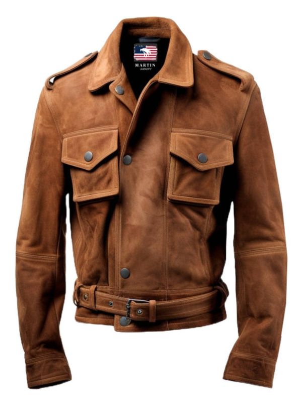 Men's Brown Strap-Pocket Suede Biker Jacket