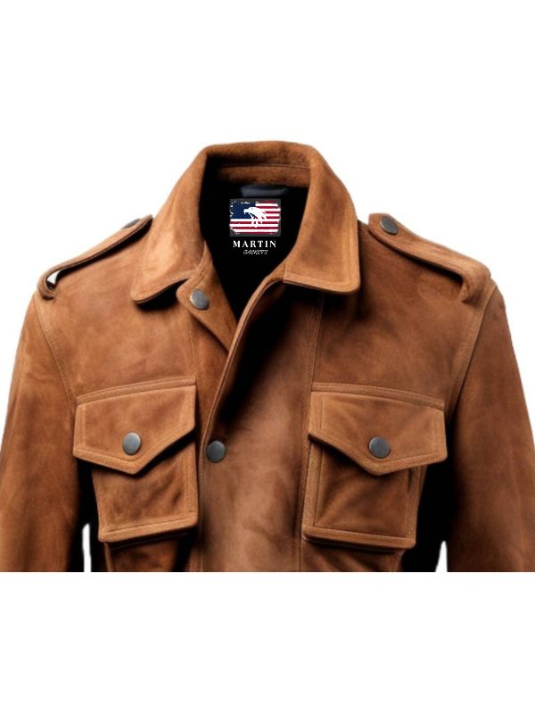 Men's Brown Strap-Pocket Suede Biker Jacket