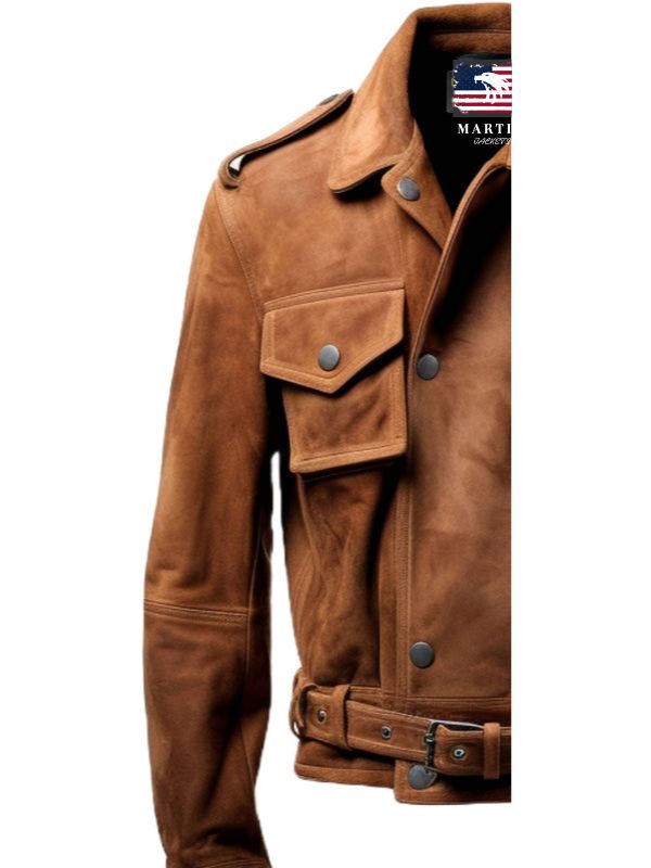 Men's Brown Strap-Pocket Suede Biker Jacket