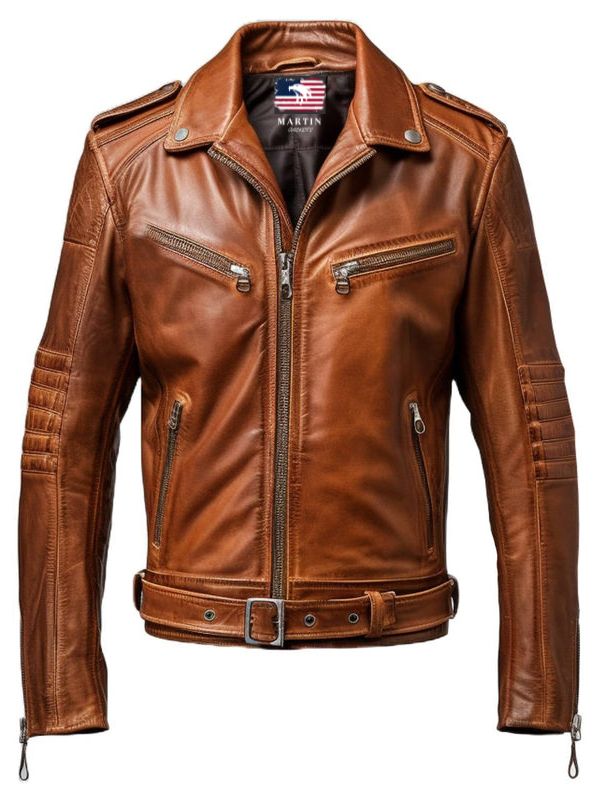 Men's Belted Brown Vintage Leather Biker Jacket