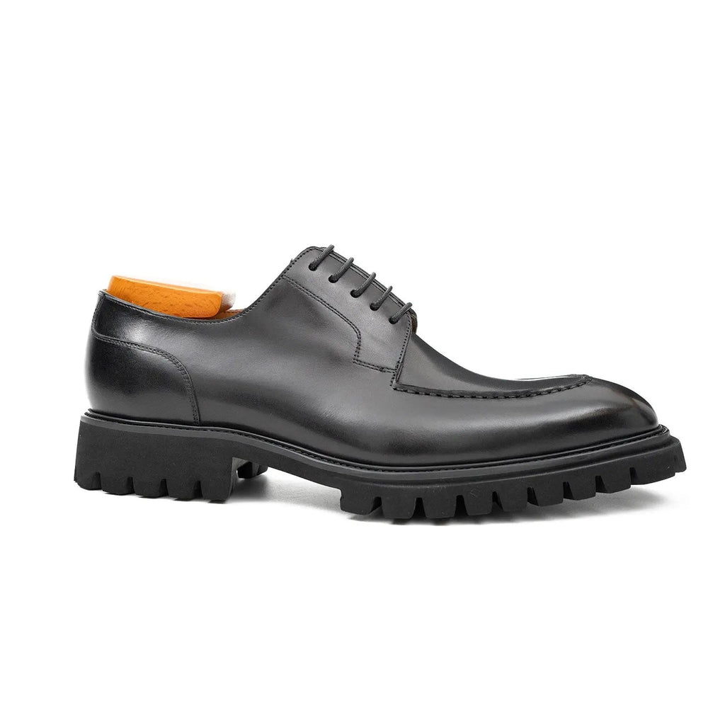 Black Calfskin Apron-Toe Derby Shoes with Lug Sole