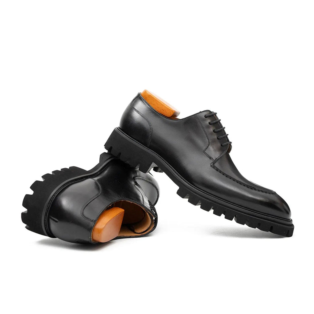 Black Calfskin Apron-Toe Derby Shoes with Lug Sole