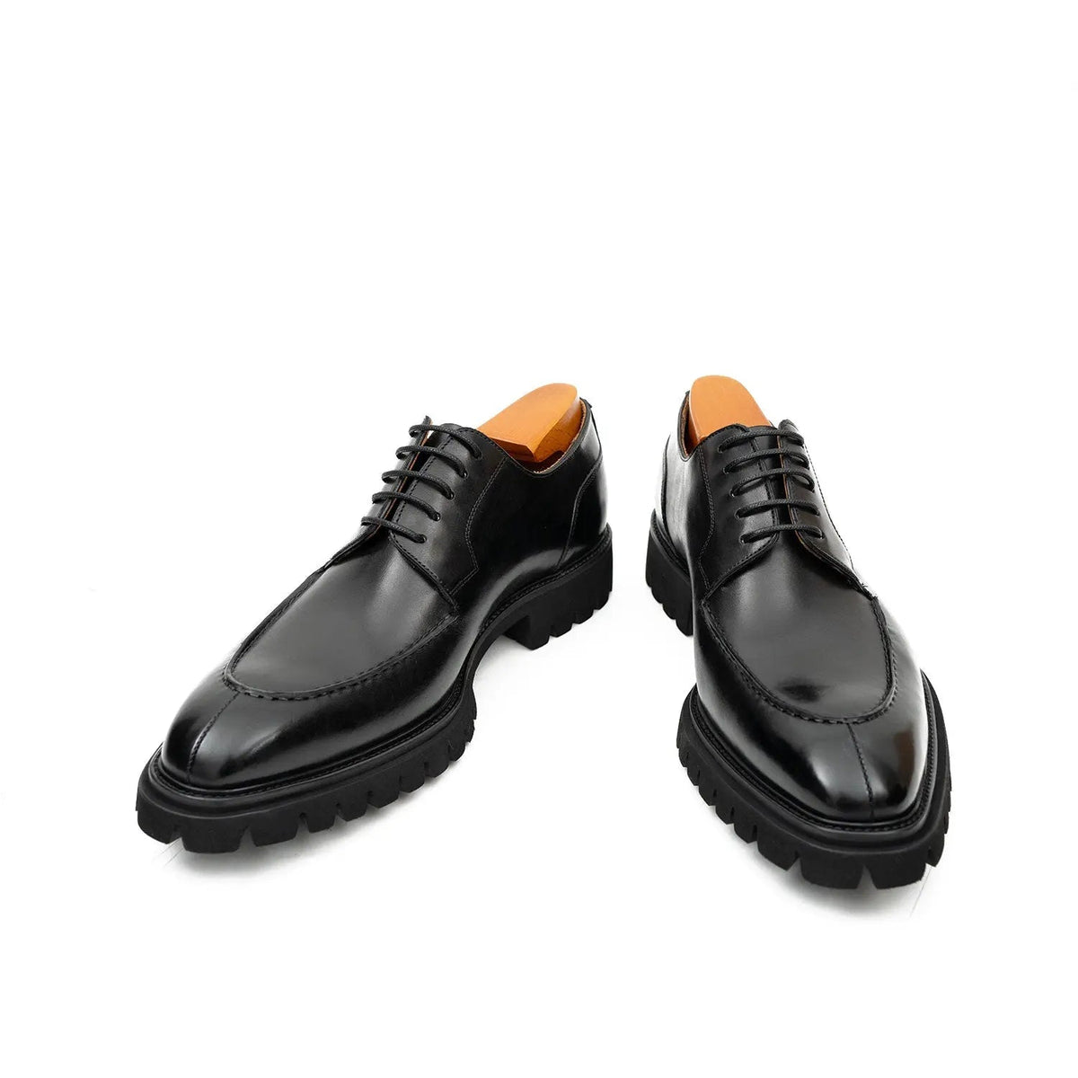 Black Calfskin Apron-Toe Derby Shoes with Lug Sole