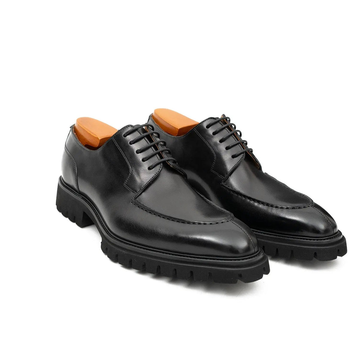 Black Calfskin Apron-Toe Derby Shoes with Lug Sole