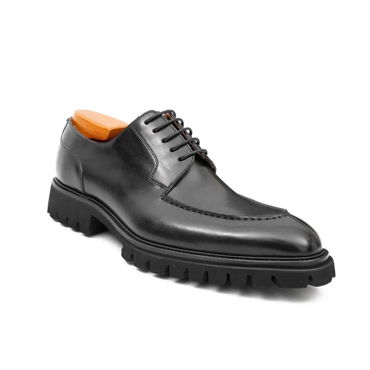 Black Calfskin Apron-Toe Derby Shoes with Lug Sole