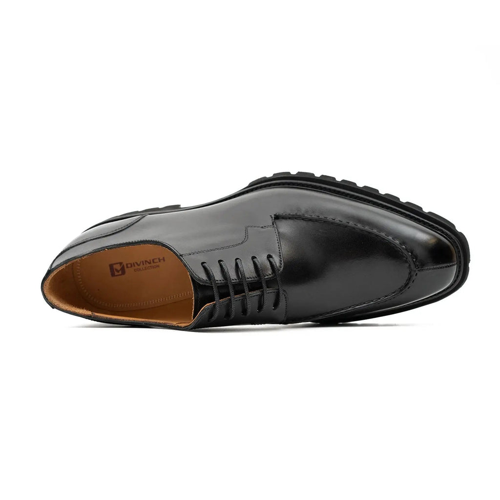 Black Calfskin Apron-Toe Derby Shoes with Lug Sole