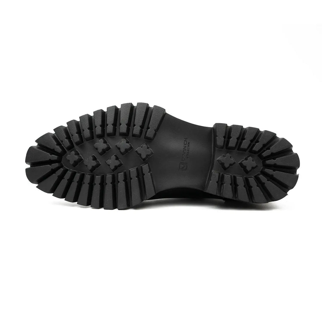 Black Calfskin Apron-Toe Derby Shoes with Lug Sole