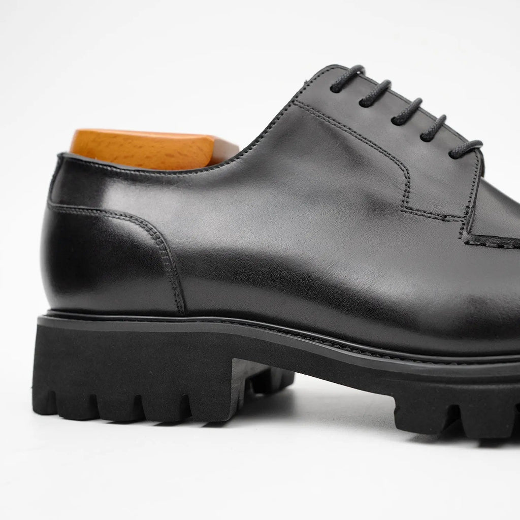 Black Calfskin Apron-Toe Derby Shoes with Lug Sole