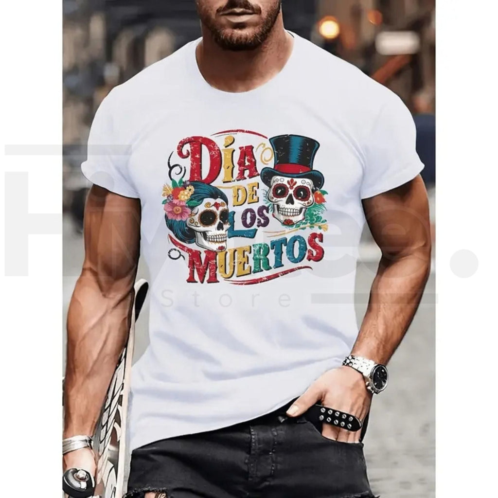 Men's Day of the Dead Graphic T-Shirt – Sugar Skull & Floral Print Tee