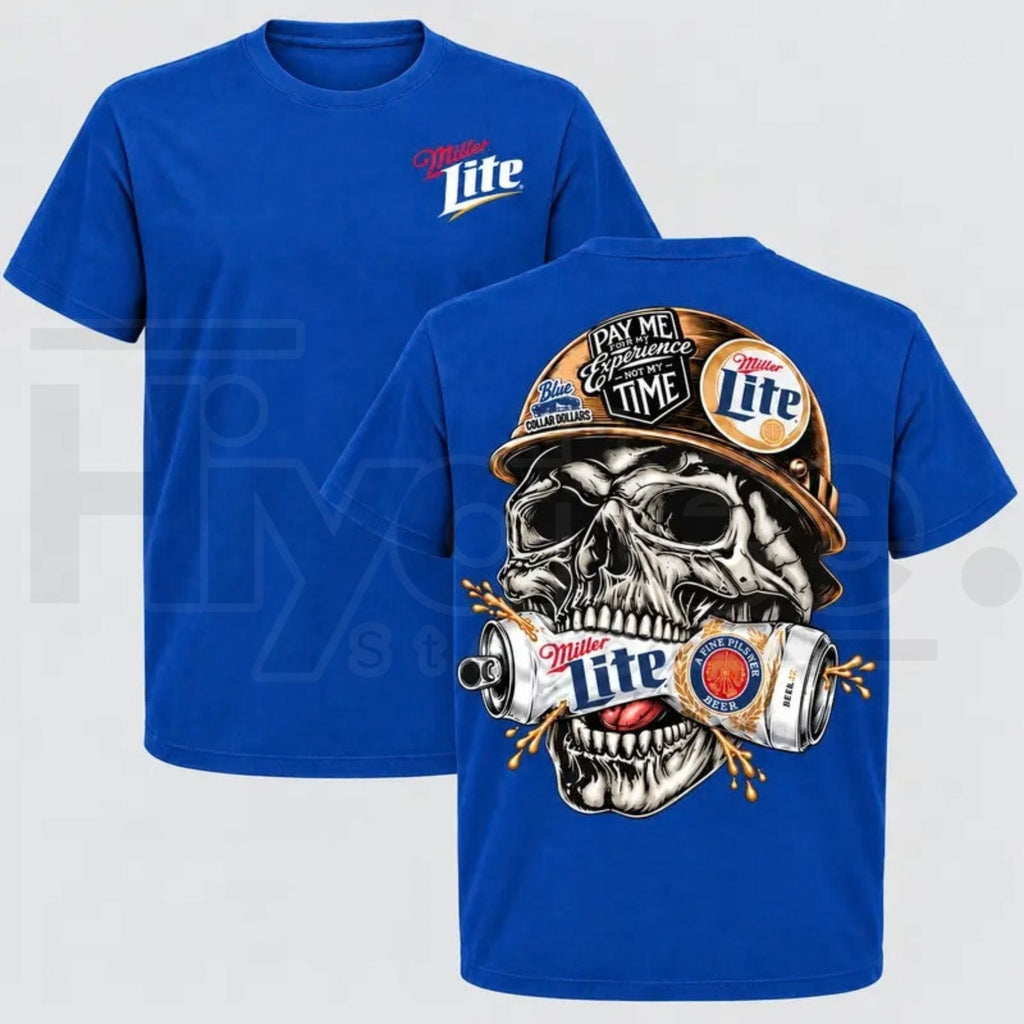 Men's Miller Lite Skull T-Shirt – Retro Blue Collar Workwear Beer Graphic Tee