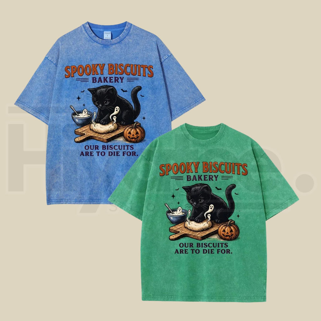 Men's Spooky Biscuits Black Cat Halloween T-Shirt – Vintage Brown Acid-Wash Oversized Cotton Tee