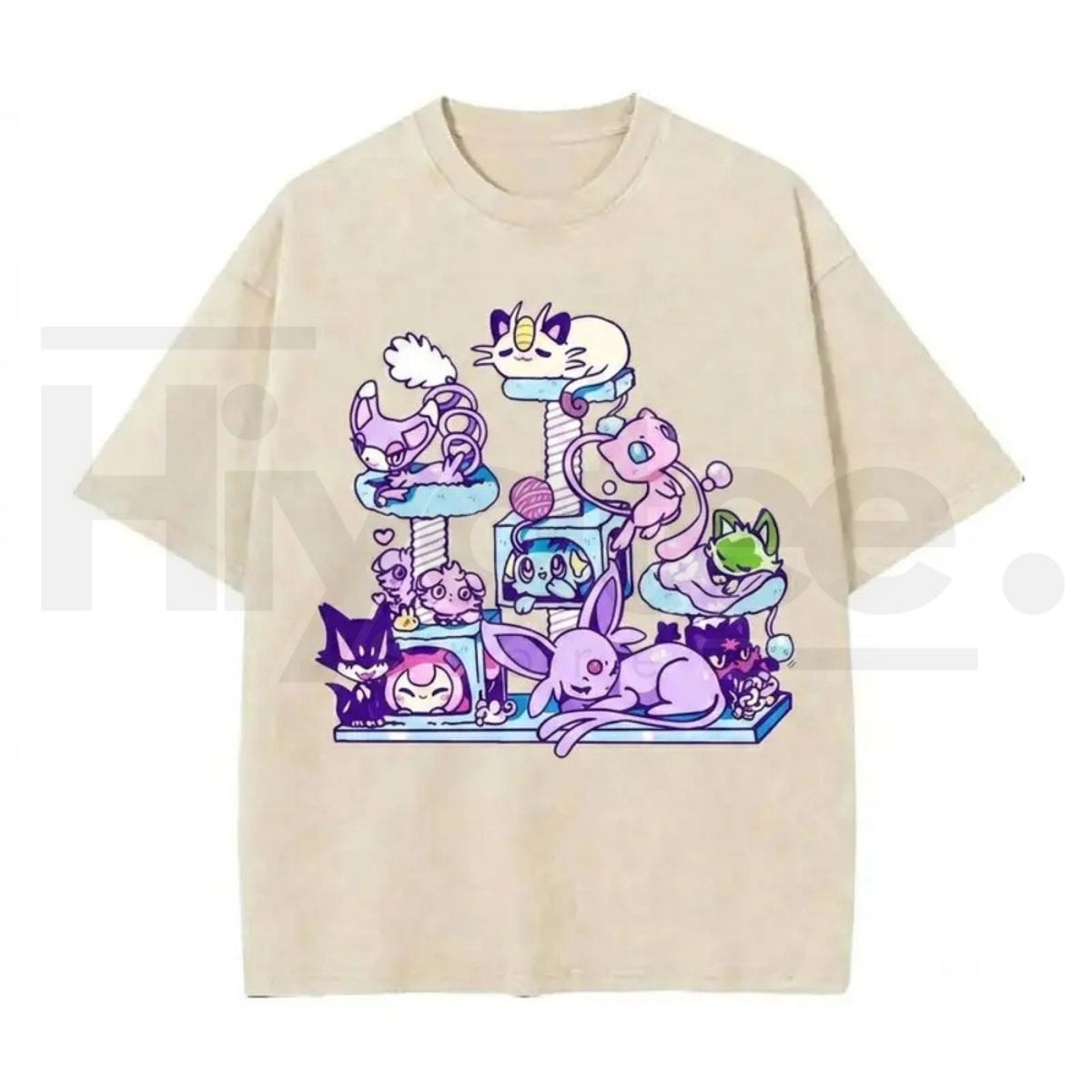 Men's Vintage Acid Wash Oversized Cat Tree Graphic Tee – Cute Anime Kitten Chibi Kawaii Cotton Top
