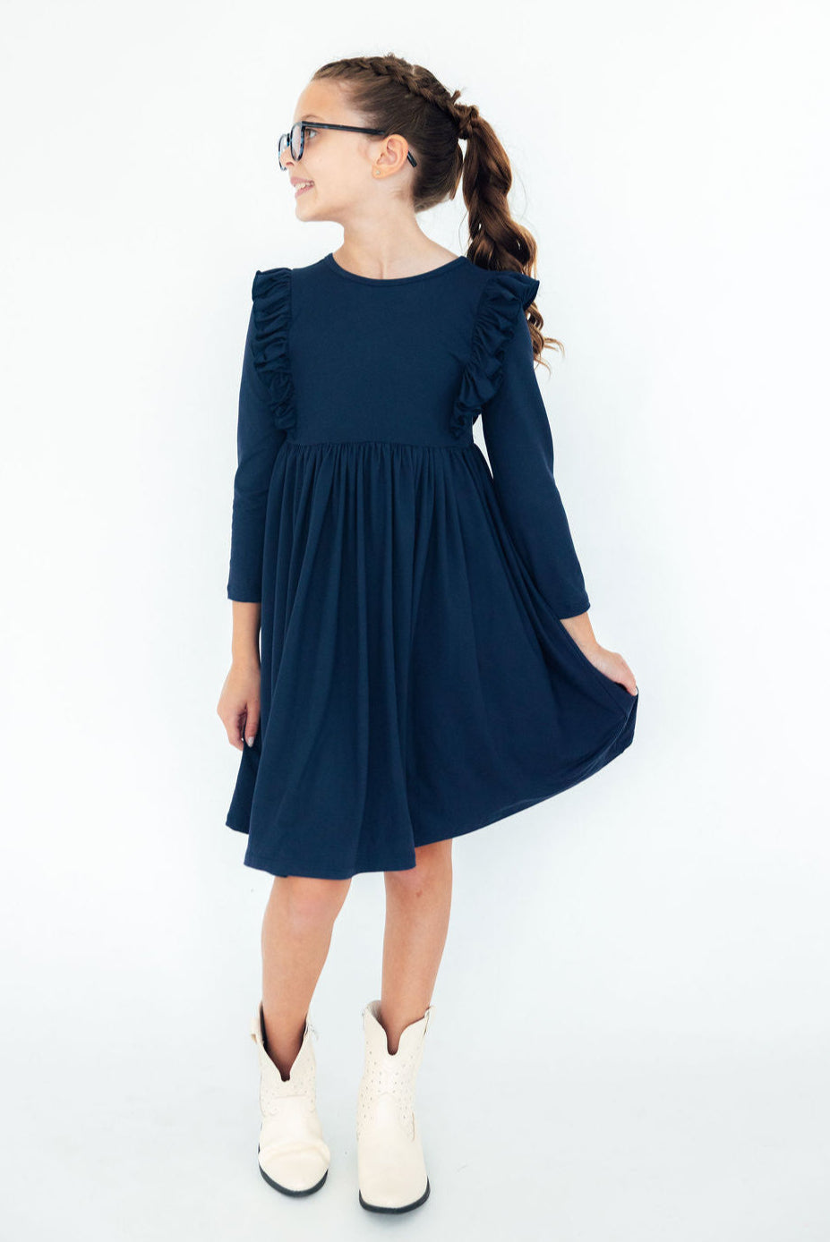 Navy L/S Ruffle Twirl Dress