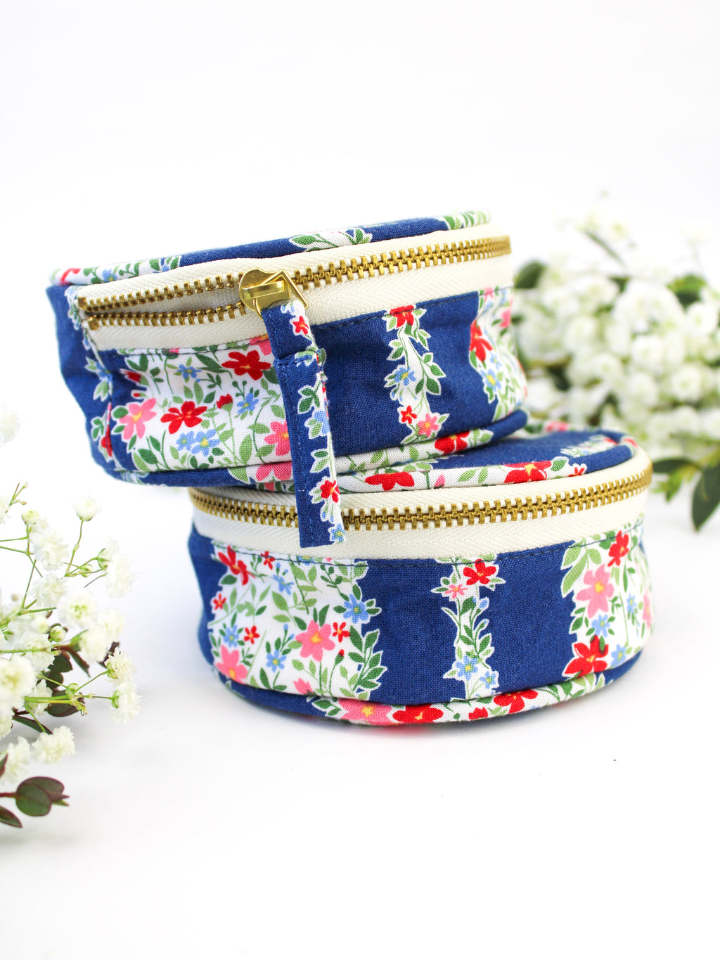 Navy Floral Stripe Jewelry Pouch