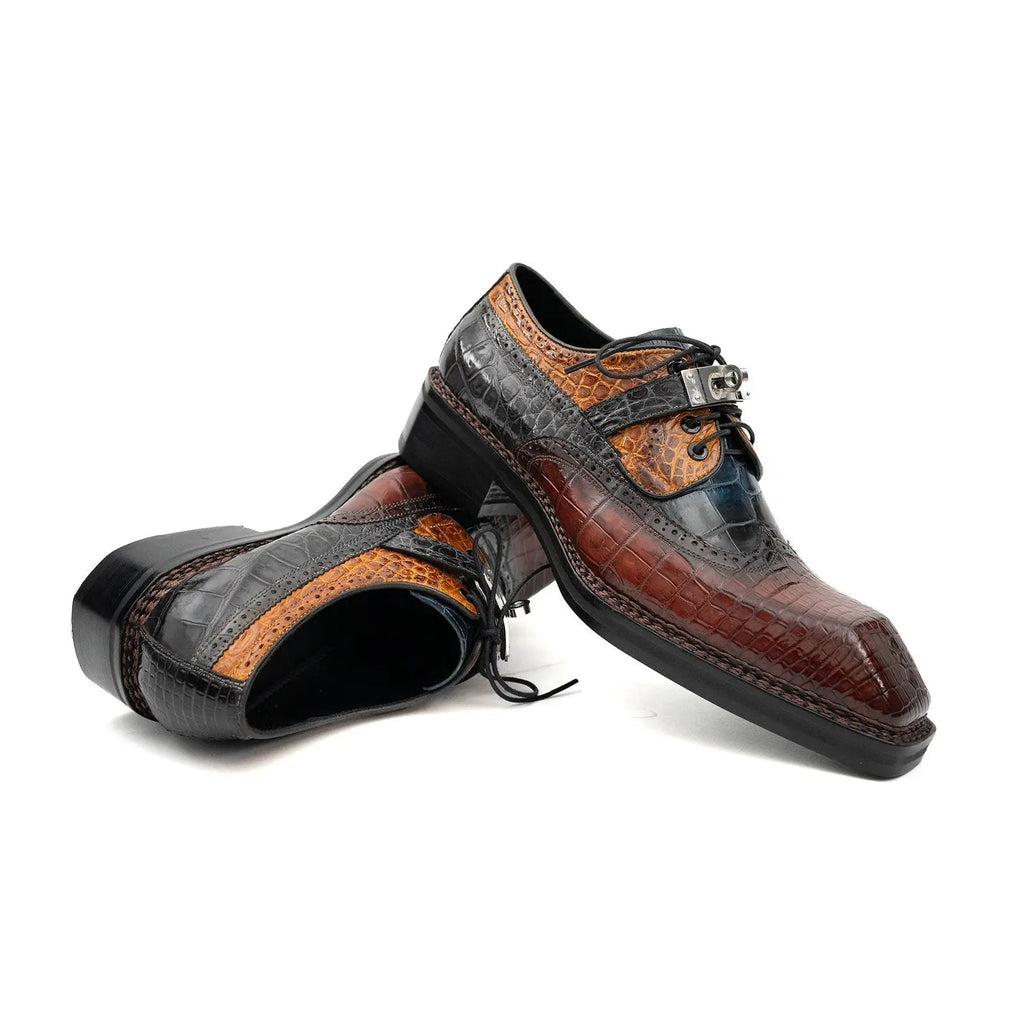 Multicolor Square-Toe Crocodile Leather Derby Shoes