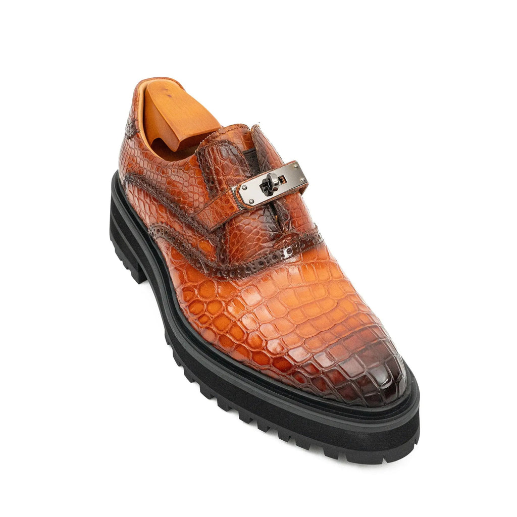 Orange-Brown Textured Lug Sole Single Buckle Monk Shoe