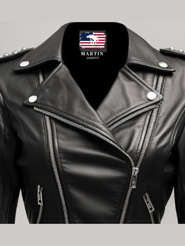 Odette Studs Black Leather Women Jacket