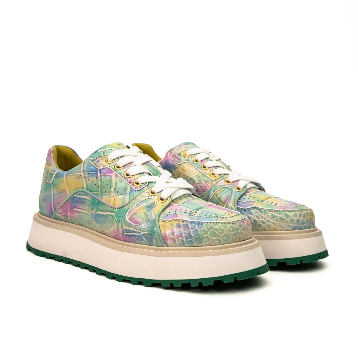 Pastel Multicolor Apron-Toe Crocodile Leather Sneakers