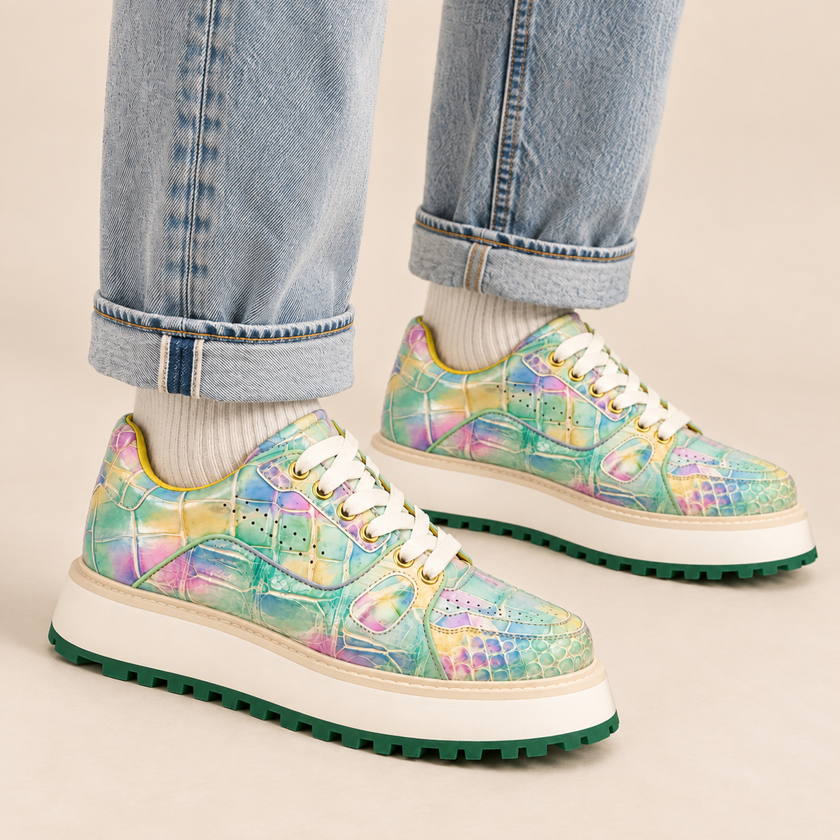 Pastel Multicolor Apron-Toe Crocodile Leather Sneakers