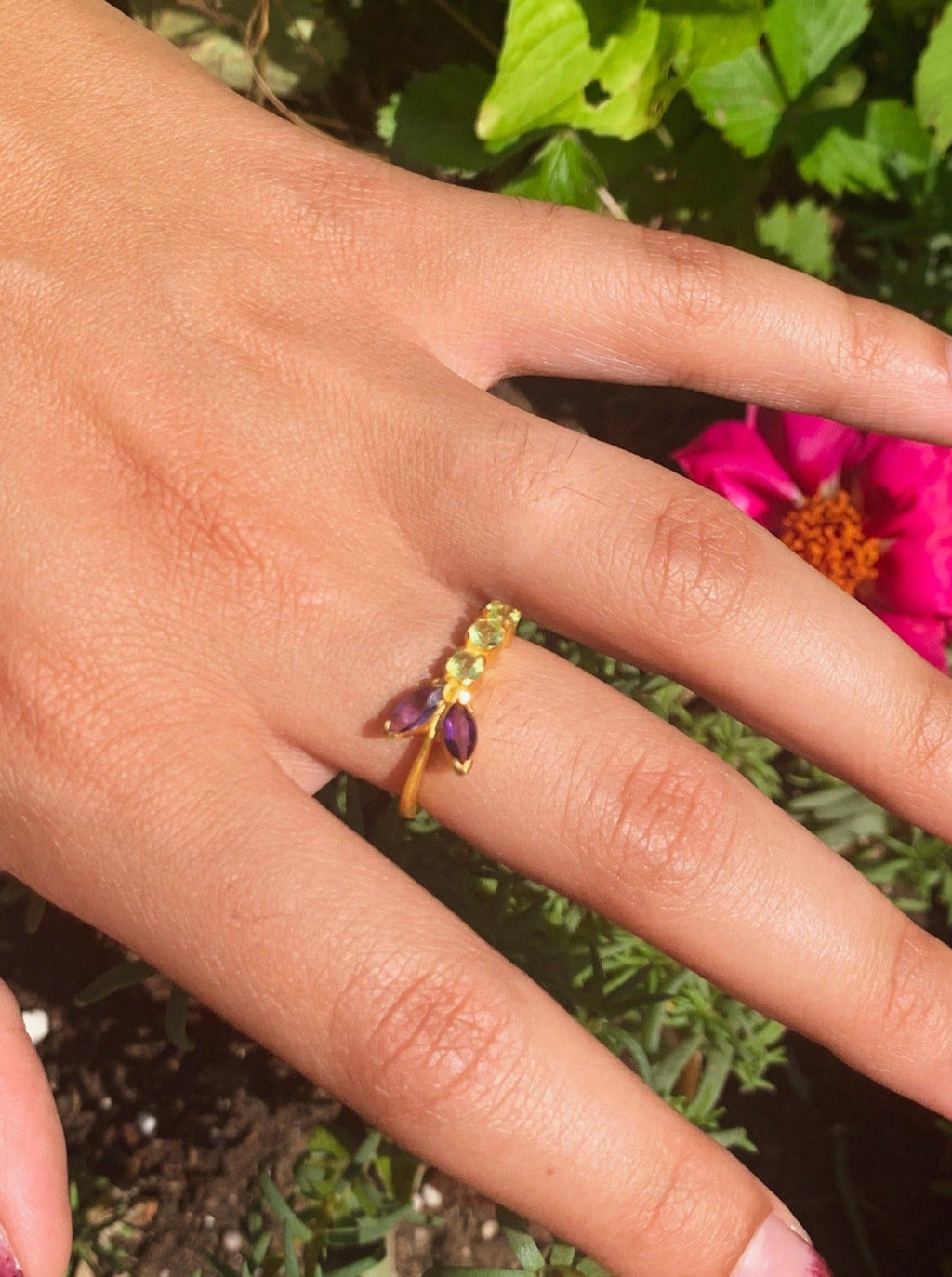 Peridot and Amethyst Vine Ring
