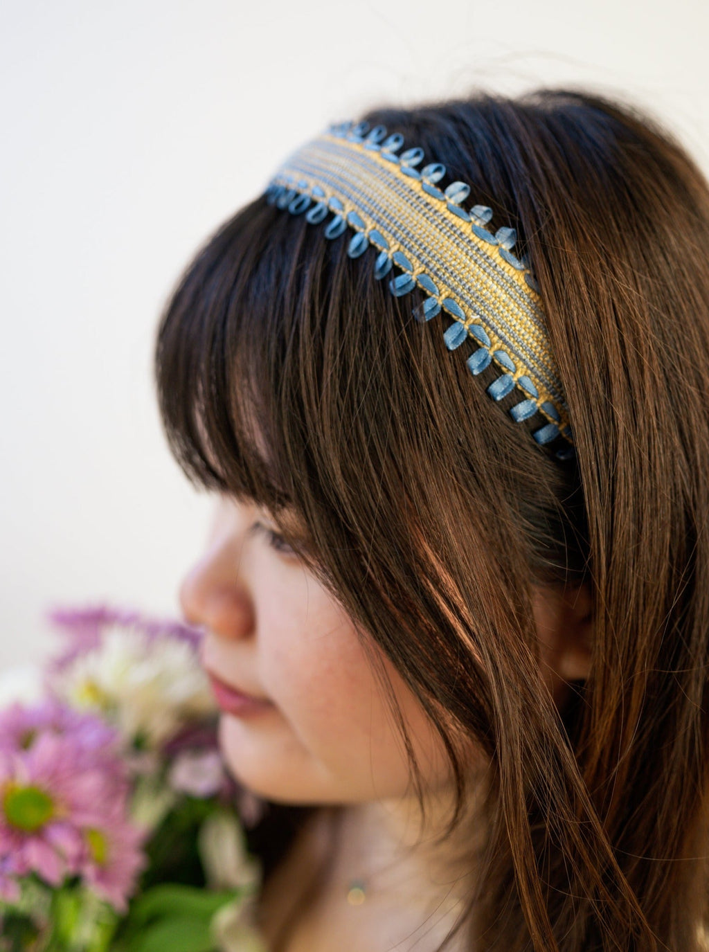 Felicity Blue and Tan Woven Headband with Ribbon Embroidery