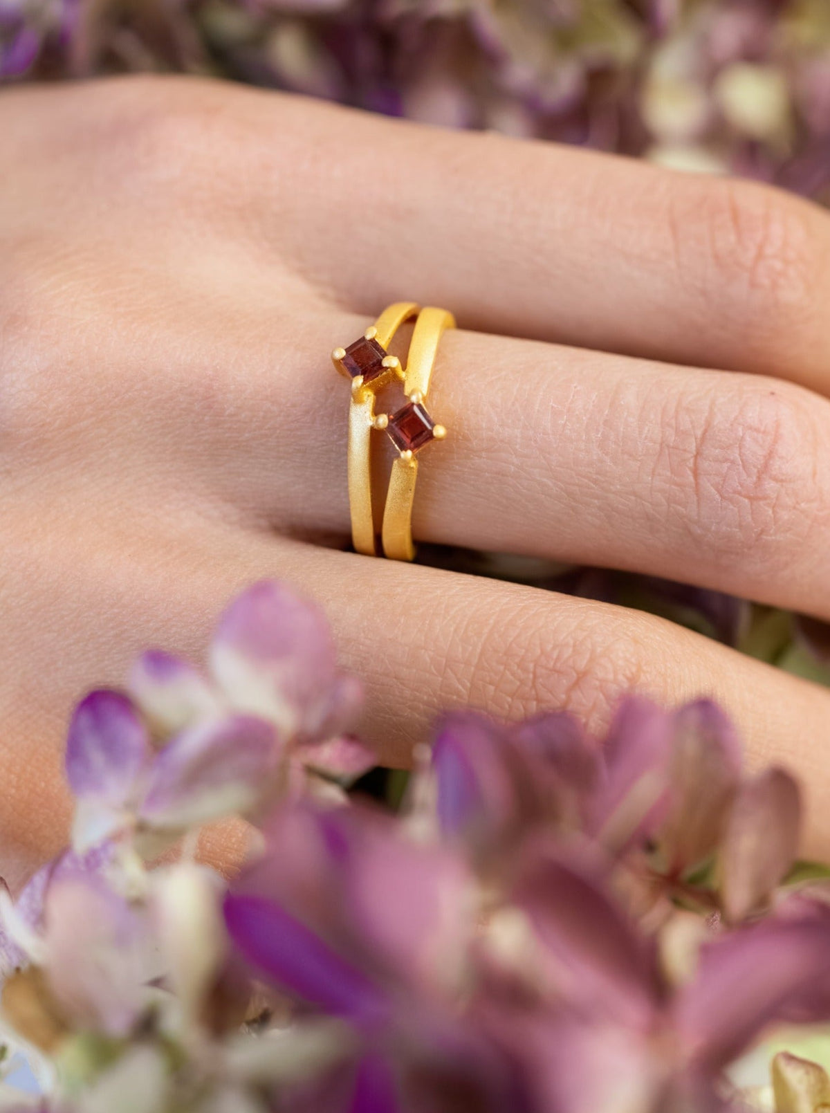 Garnet and Gold Split Shank Ring