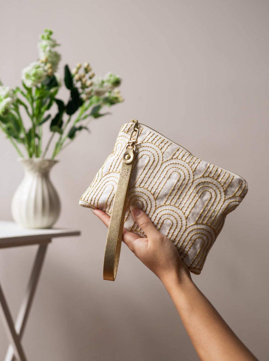 Art Deco Embroidered Gold and White Wristlet Purse