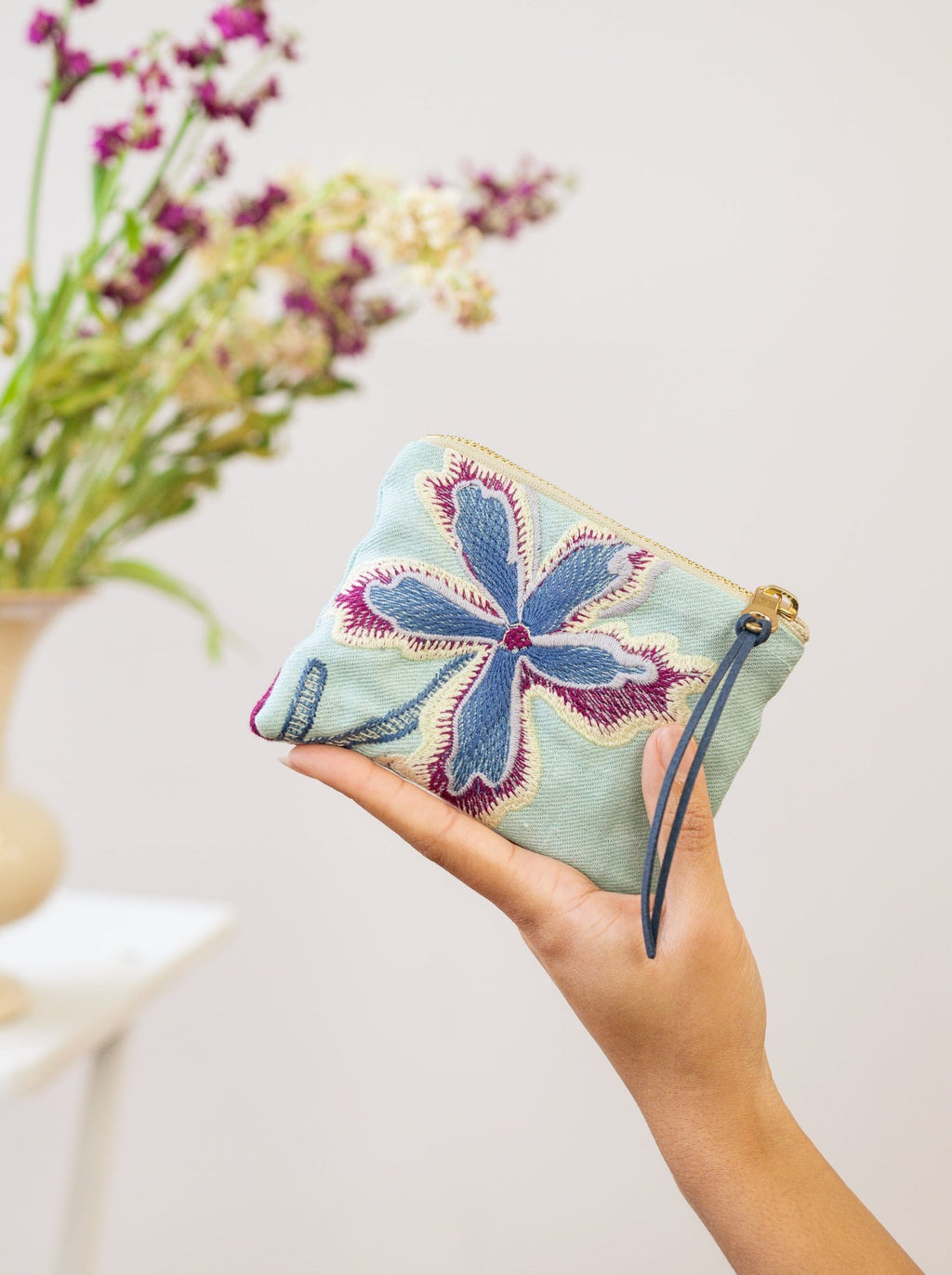 Enchanting Azure Embroidered Mini Pouch