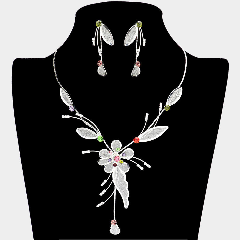 Crystal Detail Metal Mesh Flower Vine Necklace