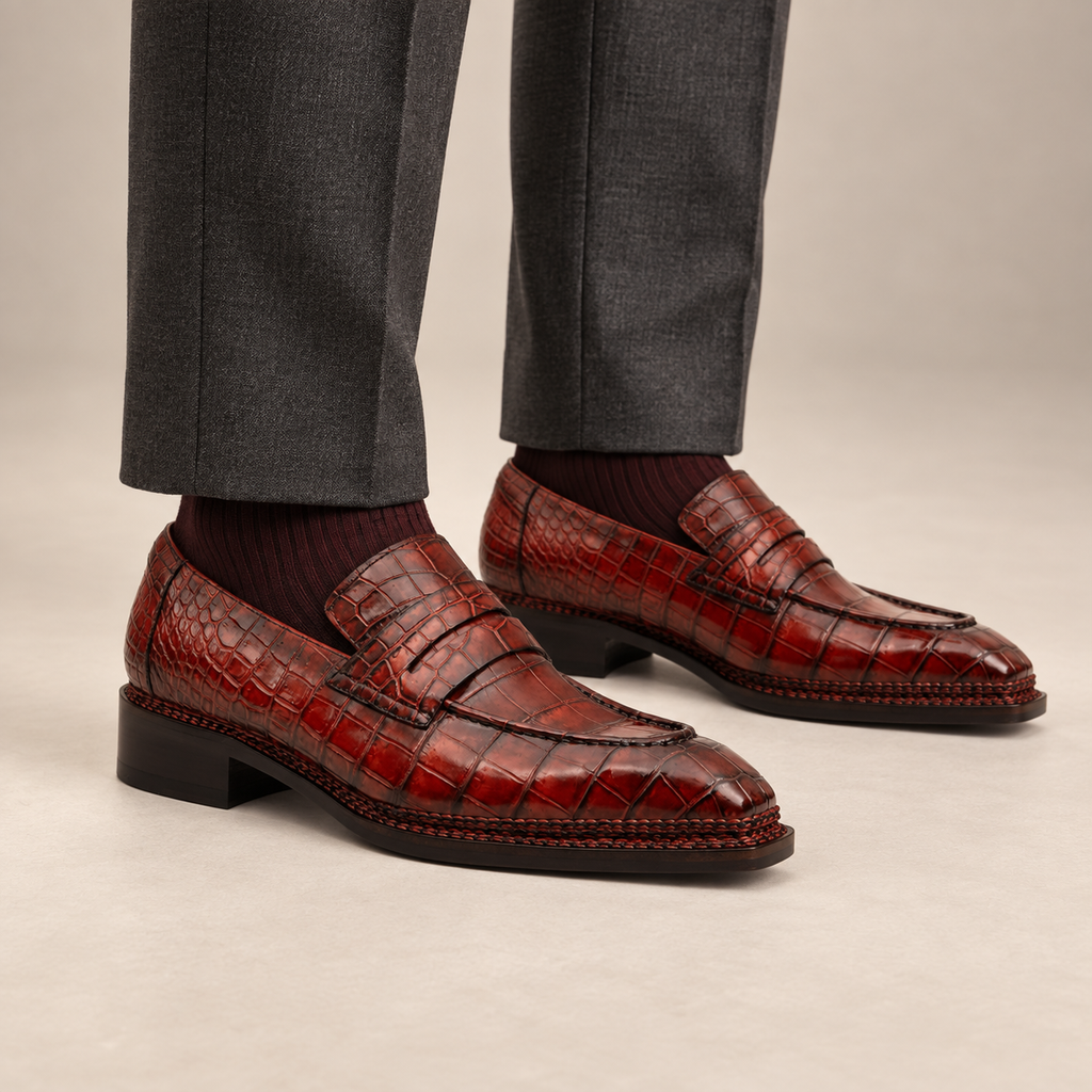 Red Apron-Toe Crocodile Leather Loafers