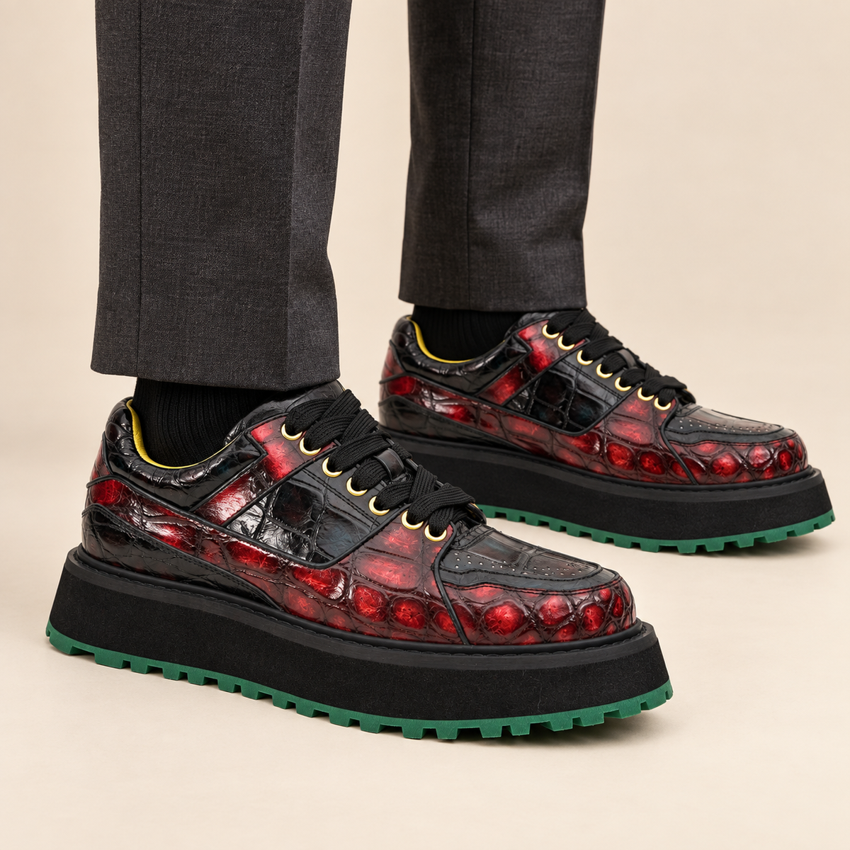 Red Apron-Toe Crocodile Leather Sneakers