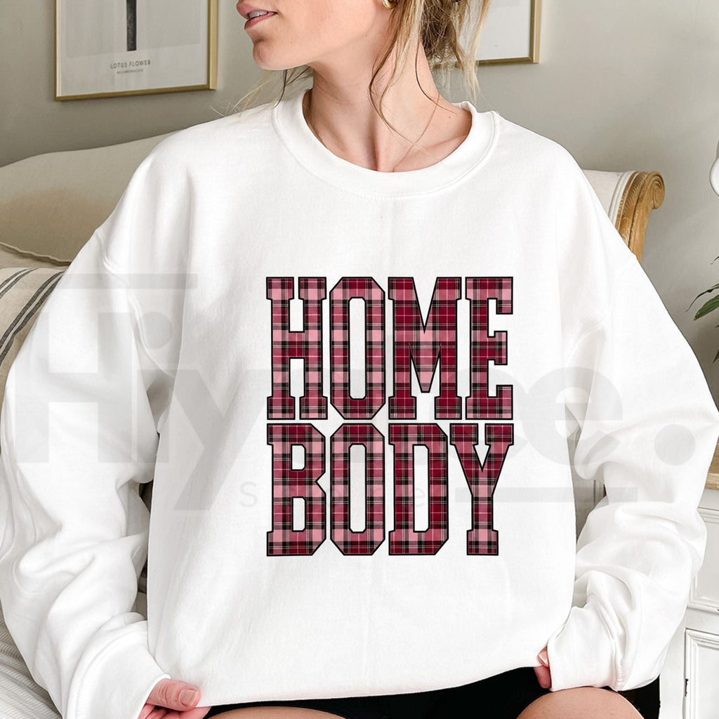 Red Plaid Homebody Graphic Top Sweatshirt – Coziest Autumn Winter Crewneck, Rustic Plaid Lettering Pullover