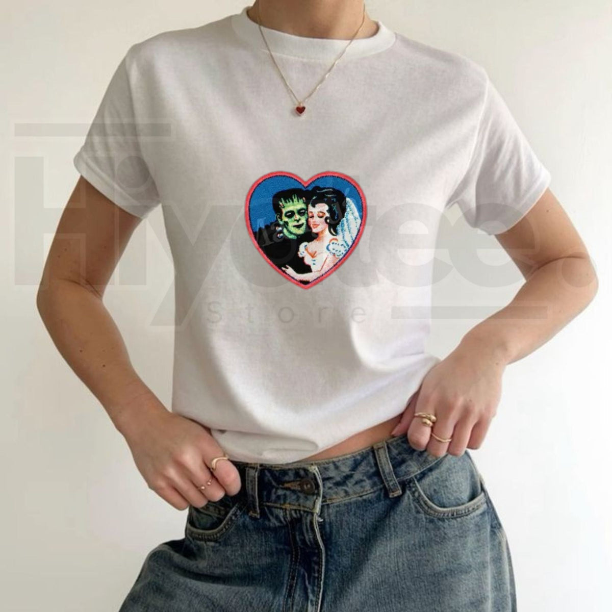 Retro Frankenstein Monster Baby Tee – Vintage 2000s Dark Fantasy Y2K Style Halloween Shirt