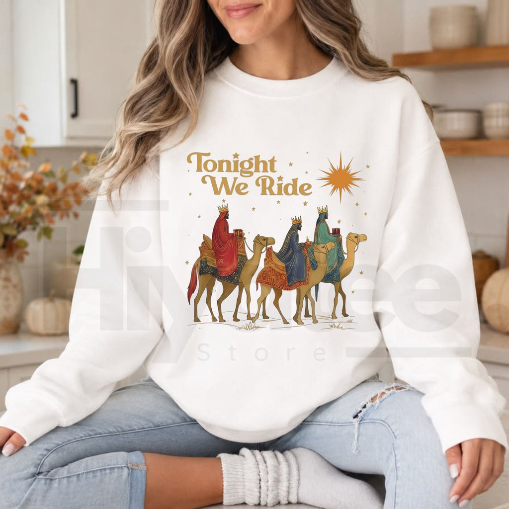 Retro Tonight We Ride Christian Christmas Sweatshirt, Three Wise Men Faith Graphic Pullover