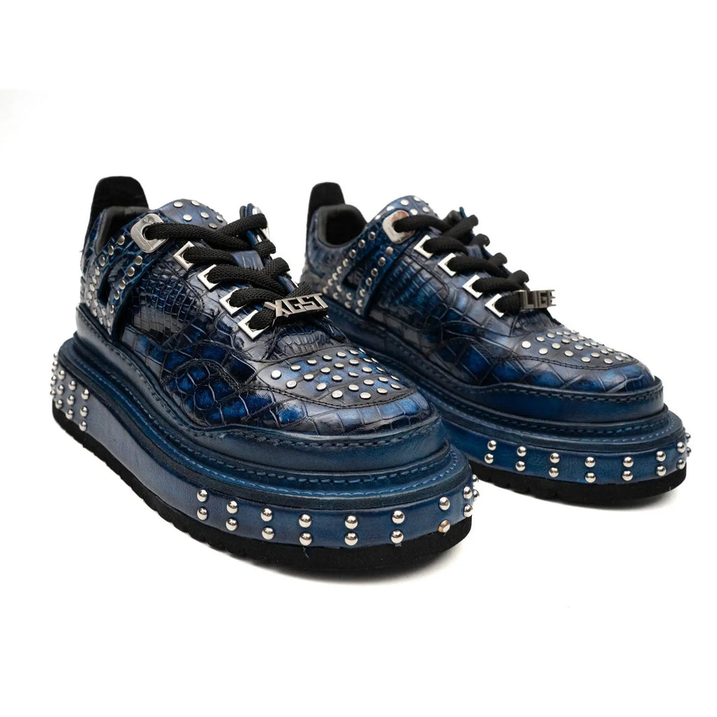 Blue Studded Crocodile Leather Sneakers