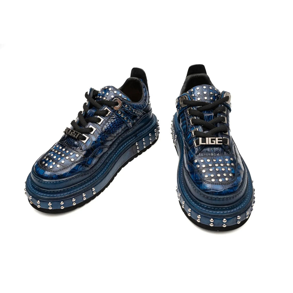 Blue Studded Crocodile Leather Sneakers
