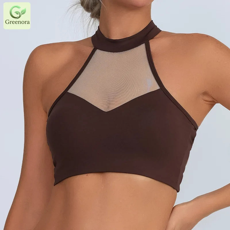 White High Neck Mesh Sports Bra Crop Top