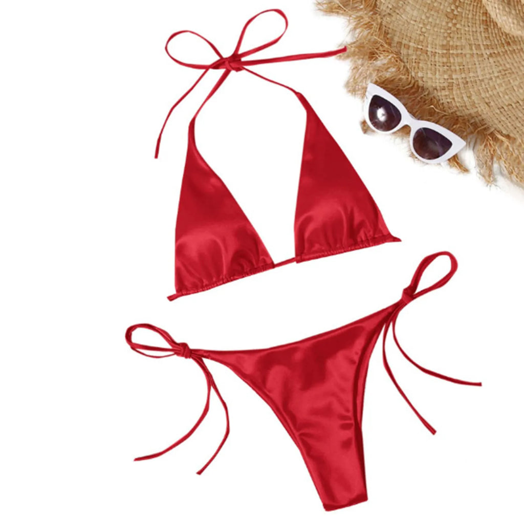 ShimmerWave: Luxe Satin Brazilian Bikini Set
