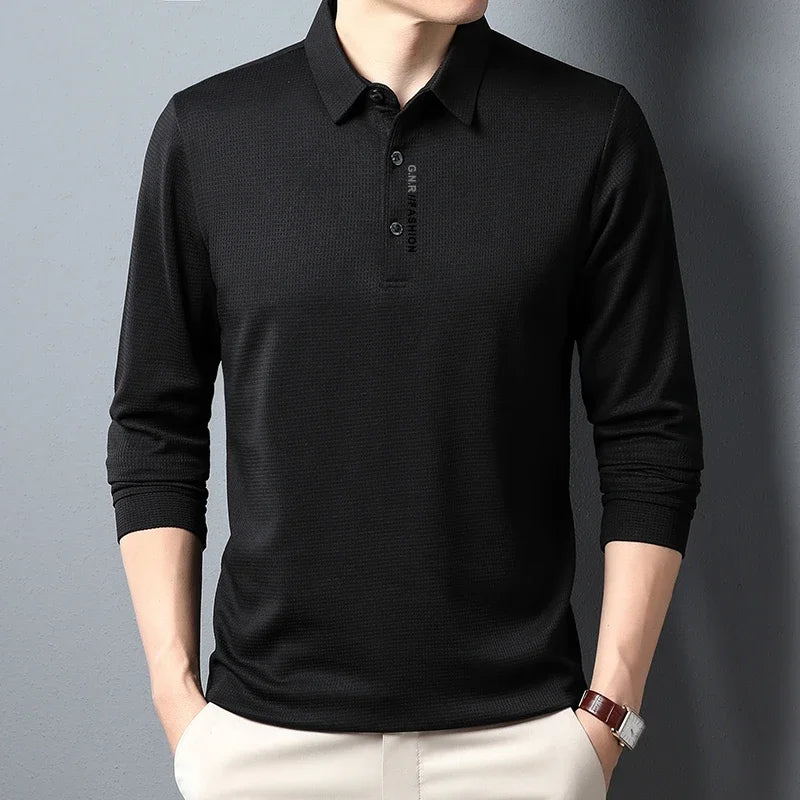 Men's Waffle Long Sleeved POLO Shirt with Letter Printed Lapel Casual Top