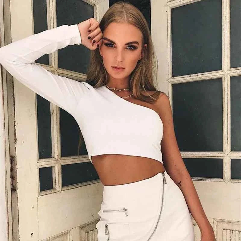 Women’s One Shoulder Long Sleeve Crop Top