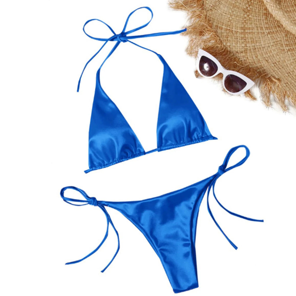 ShimmerWave: Luxe Satin Brazilian Bikini Set