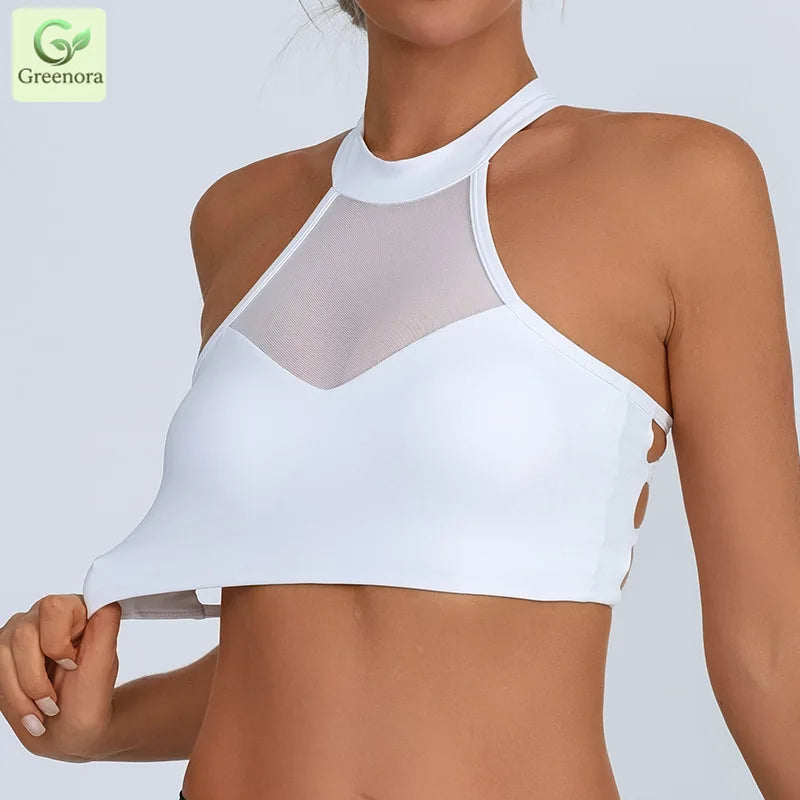 White High Neck Mesh Sports Bra Crop Top