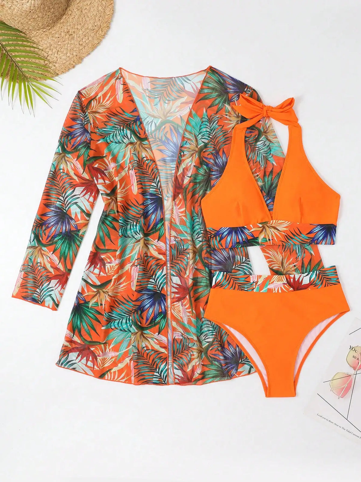 3-Piece Halter Bikini Set with Kimono Cover-Up