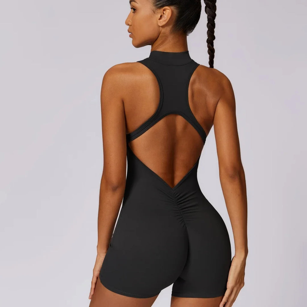 Backless Scrunch Yoga Jumpsuit Short Set Women