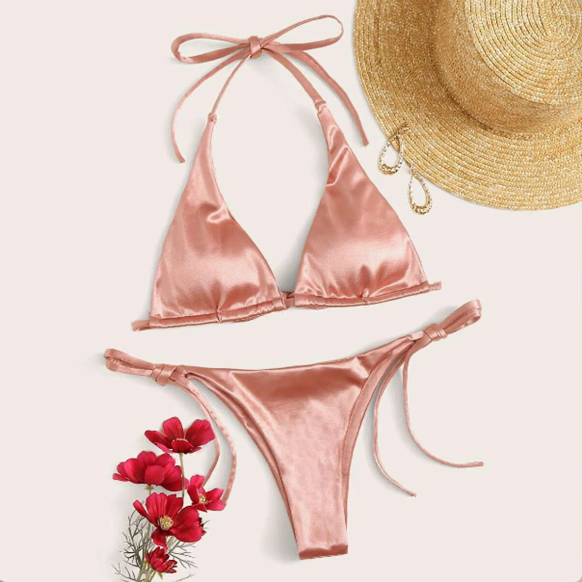 ShimmerWave: Luxe Satin Brazilian Bikini Set