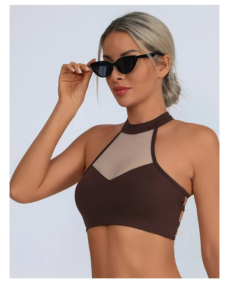 White High Neck Mesh Sports Bra Crop Top
