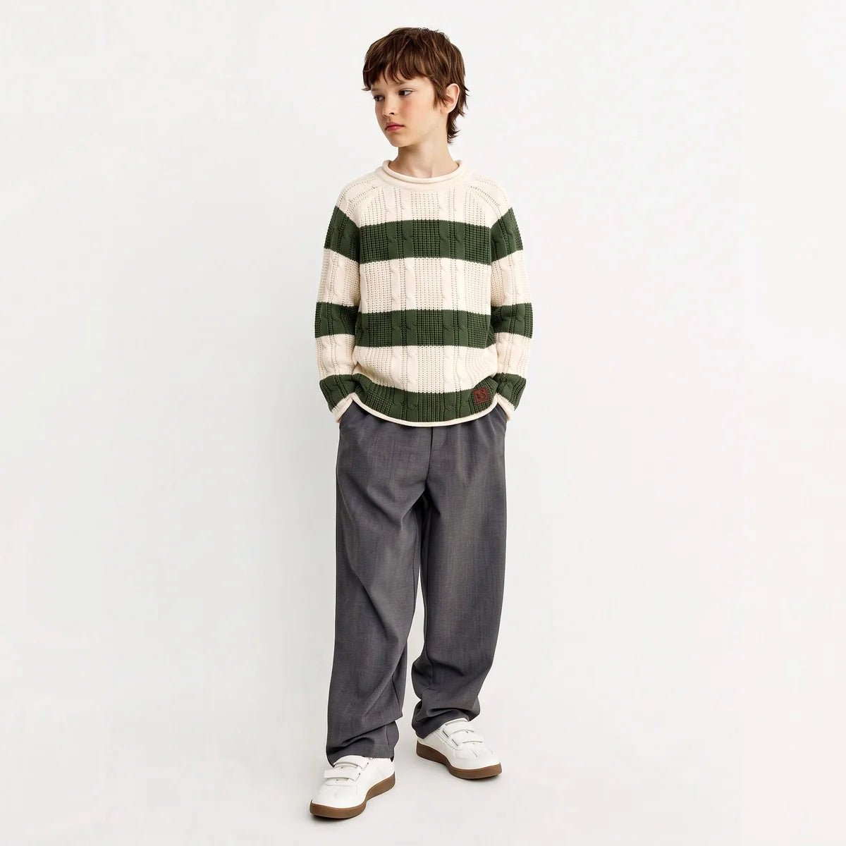 Forest Striped Cable Knit Roll neck Sweater