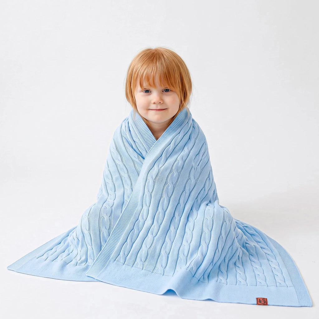 Cable Knit Baby Blanket in Baby Blue