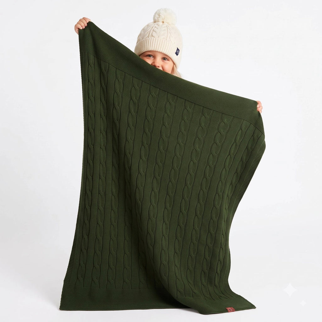 Cable Knit Baby Blanket in Forest Green